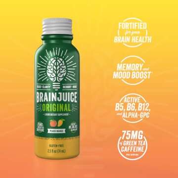 BrainJuice Energy & Focus Shot, Gluten Free Supplement, Healthy Drinks with Alpha GPC, Vitamin B & Organic Green Tea Extract Caffeine, Peach Mango, 2.5 fl oz, 12 pack