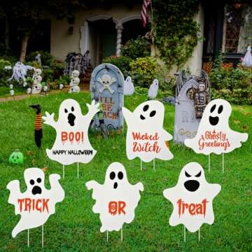 6 Pcs Halloween Decorations Outdoor Yard Signs Glow in The Dark Signs with Stakes Long Time Glow, Halloween Scary Ghost Yard Signs Trick or Treat for Spooky Halloween Yard Lawn Patio Garden Decoration