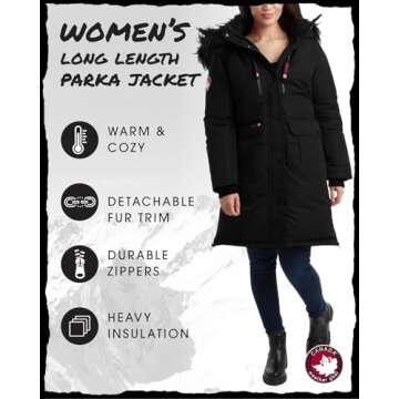 CANADA WEATHER GEAR Women's Winter Coat - Women's Parka and Long Winter Jackets for Women with Removable Faux-Fur Hood (S-3X), Size Medium, Black/Black