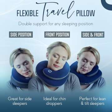 BCOZZY Travel Neck Pillow for Airplane – Patented Double Support for Head, Neck, and Chin. Best for Long Flights, Plane Sleeping, and Car Rides. Adjustable Size. Fully Washable. Carry Bag. Large, Navy