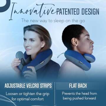 BCOZZY Travel Neck Pillow for Airplane – Patented Double Support for Head, Neck, and Chin. Best for Long Flights, Plane Sleeping, and Car Rides. Adjustable Size. Fully Washable. Carry Bag. Large, Navy