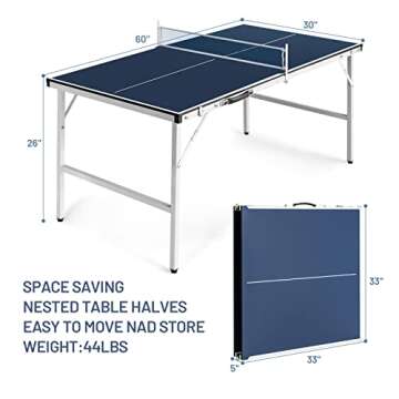 Tiktun Ping Pong Table, Foldable Tennis Table,with 2 Table Tennis Paddles and 3 Balls, Indoor/Outdoor Portable Table Tennis Game with Net,Blue,Medium