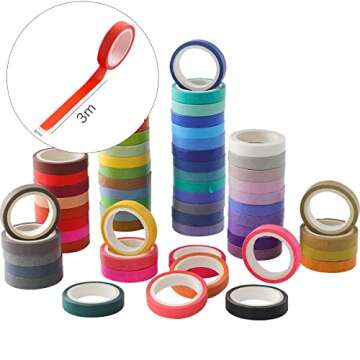 60 Rolls Washi Tape Sets 8mm Wide 10ft Long Basic Solid Color Rainbow Colored Decorative Thin Masking Tapes for Arts, Children Gifts, Bullet Journals, Wrapping Planner, Calendar, Scrapbooking DIY