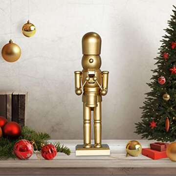 AMLESO 10 Inches Golden Wood Nutcracker Soldier Drummer Christmas Figures Toy Holiday Xmas Decor for Shelves and Tables Festive European Style