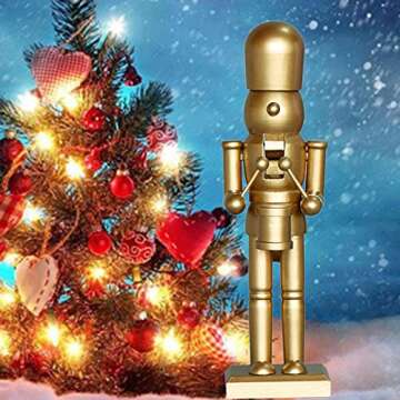 AMLESO 10 Inches Golden Wood Nutcracker Soldier Drummer Christmas Figures Toy Holiday Xmas Decor for Shelves and Tables Festive European Style