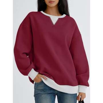 Trendy Queen Womens Oversized Crewneck Sweatshirt Fleeced 2025 Fall Fashion Outfits Clothes Clothing Loose Fit Comfy Crew Neck Color Block Pullover Top Maroon