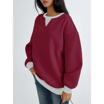 Trendy Queen Womens Oversized Crewneck Sweatshirt Fleeced 2025 Fall Fashion Outfits Clothes Clothing Loose Fit Comfy Crew Neck Color Block Pullover Top Maroon