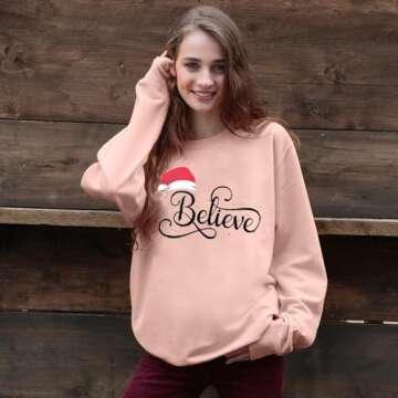 Believe Sweatshirt Women Christmas Funny Graphic Lightweight Blouse Xmas Hat Holiday Cute Tee Tops (Pink, XXL)