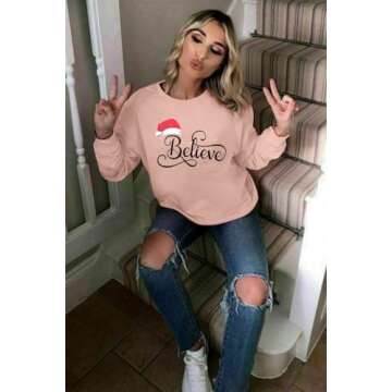 Believe Sweatshirt Women Christmas Funny Graphic Lightweight Blouse Xmas Hat Holiday Cute Tee Tops (Pink, XXL)