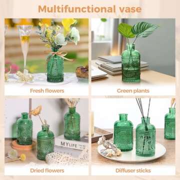 ComSaf Glass Bud Vases Set of 6, Small Clear Bud Vases in Bulk, Mini Vintage Decorative Bottles, Modern Floral Centerpiece for Flowers, Wedding Recepet, Home Decor, Housewarming Gift (Green)