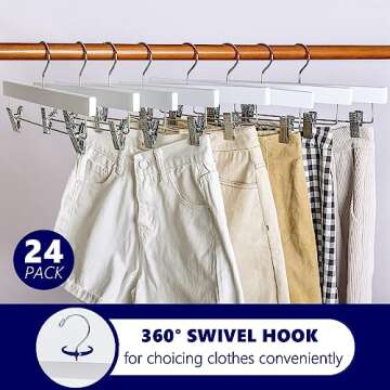 Amber Home 24 Pack White Wooden Pants Hangers with Clips, Wood Skirt Hangers Trouser Hangers for Jeans, Slacks, Shorts with 2-Adjustable Clips