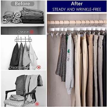 Amber Home 24 Pack White Wooden Pants Hangers with Clips, Wood Skirt Hangers Trouser Hangers for Jeans, Slacks, Shorts with 2-Adjustable Clips