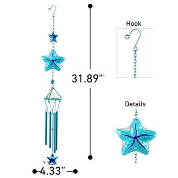 CoTa Global Blue Starfish Sea Glass Hanging Wind Chime 31.89 Inch, Nautical Star Fish Glass Windchime Outdoor Decor for a Harmonic Porch, Patio & Garden, Unique Beach Indoor Wind Chime Window Mobile