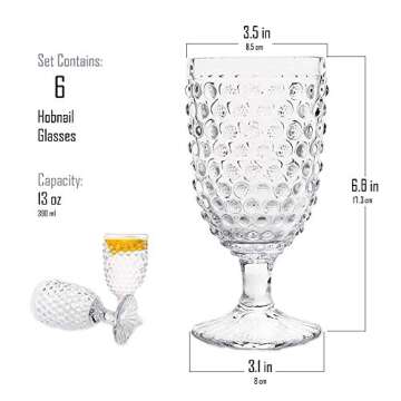 EVEREST GLOBAL Hobnail Drinking Glasses Goblet Water Glasses set of 6, 13 oz Iced Tea Glasses Ideal for Soda Wine Milk Coke Juice and Beer Perfect for Weddings Parties Bars