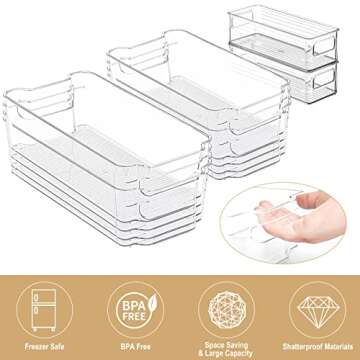 SINYWAY Set of 10 Plastic Refrigerator Organizer Bins, Stackable Organization and Storage Includes 4 Large & 4 Middle Organizers & 2 Small Drawers, Clear Containers for Kitchen, Pantry & Freezers