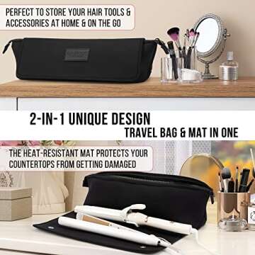 BAREFOOT CARIBOU Hair Tools Travel Bag and Heat Resistant Mat for Flat Irons, Straighteners, Curling Iron, Haircare Accessories, 2-in-1 design, with Interior Pockets, Portable Organizer(Black)