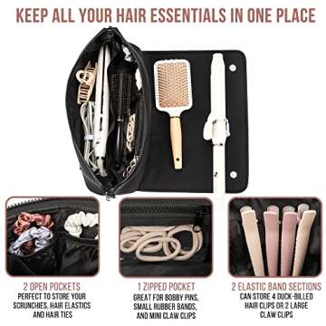 BAREFOOT CARIBOU Hair Tools Travel Bag and Heat Resistant Mat for Flat Irons, Straighteners, Curling Iron, Haircare Accessories, 2-in-1 design, with Interior Pockets, Portable Organizer(Black)