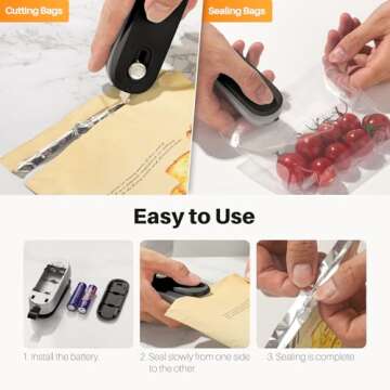 ODSD Bag Sealer, 2 in 1 Mini Bag Sealer Heat Seal and Cutter with Lanyard, Portable Handheld Chip Bag Sealer Heat Sealer for Snacks Candies Plastic Bag Food Storage (Batteries Included)