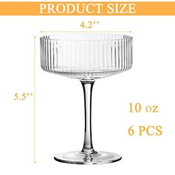 VIFVOR 6 Pcs Ribbed Coupe Cocktail Glasses, 10 oz Classic Old Styling Martini Glass Set with Gift Box Packaging Elegant Hand Blown Manhattan Goblet for Cocktail, Champagne, Bar and Gift (6)