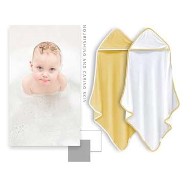 BAMBOO QUEEN 2 Pack Baby Bath Towel - Rayon Made from Bamboo, Ultra Absorbent - Ultra Soft Hooded Towels for Kids - X Large Size for 0-7 Yrs (White and Yellow, 37.5 x 37.5 Inch)