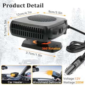 Car Heater,12V 200W Portable Windshield Defroster Demister with Heating/Cooling Fan and Plug in Cigarette Lighter Fast Heating Defrost Defogger with Ergonomic Handheld Design for All Kinds of Cars