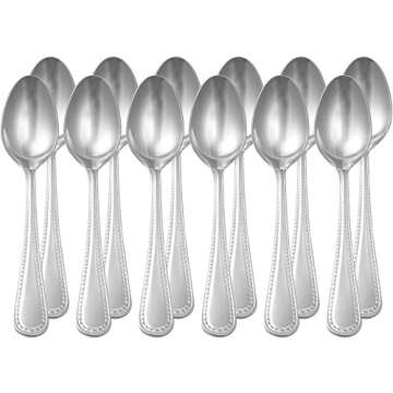 Amazon Basics Stainless Steel Dinner Spoons with Pearled Edge, 7.7 Inches, Set of 12, Silver