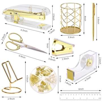 EOOUT Gold Office Supplies Set Desk Accessories, Acrylic Stapler Set Staple Remover, Phone Holder, Tape Holder, Pen Holder, 2 Ballpoint Pen, Scissor, Binder Clips, Ruler, Transparent Glue and Staples.