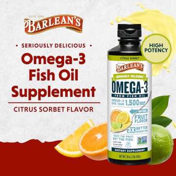 Barlean's Citrus Sorbet High Potency Omega 3 Fish Oil Liquid Supplement, 1500mg of EPA & DHA Fatty Acid, Smoothie Flavored & Burpless for Brain, Joint, & Heart Health, 16 oz