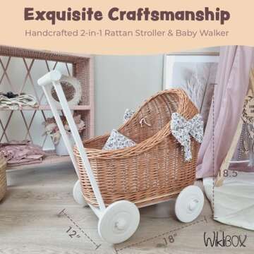 Wiklibox Natural Rattan Doll Stroller - Hand Made in Europe - Fits 17" Dolls & Plush Toys - Wicker Doll Pram & Baby Walker with Bedding Set - Perfect for Imaginative Play | Natural-Flower