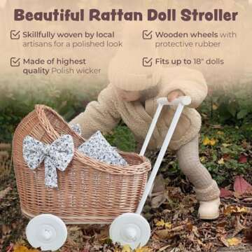 Wiklibox Natural Rattan Doll Stroller - Hand Made in Europe - Fits 17" Dolls & Plush Toys - Wicker Doll Pram & Baby Walker with Bedding Set - Perfect for Imaginative Play | Natural-Flower