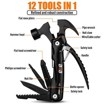 BIIB Gifts for Men, 12 in 1 Hammer Multitool Birthday Gifts for Men, Mens Gifts for Him, Husband, Grandpa, Gifts for Dad Who Have Everything Camping Essentials, Cool Gadgets Camping Survival Tools