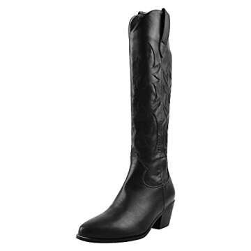 onlymaker Knee High Western Cowboy Boots for Women Low Chunky Heel Pointy Toe Stitched Rodeo Cowgirl Black Riding Boots Size 9