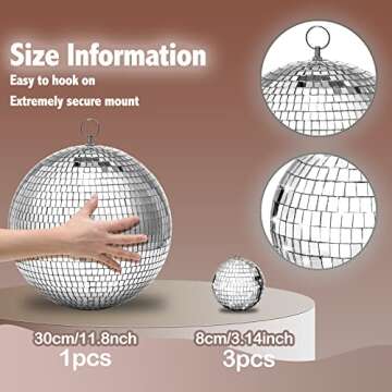 4 Pack Large Disco Ball Silver Hanging Disco Balls Reflective Mirror Ball Ornament for Party Holiday Wedding Dance and Music Festivals Decor Club Stage Props DJ Decoration (12 Inch, 3 Inch)