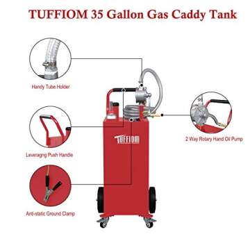 TUFFIOM 35 Gallon Gas Caddy w/Wheels & 11.9ft Hose, Fuel Transfer Storage Tank Gasoline Diesel Can Reversible Rotary Hand Siphon Pump, for ATV Car Mowers Tractor Boat Motorcycle(Red)