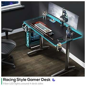 EUREKA ERGONOMIC RGB LED Gaming Desk, 14 Fiber Lights Mode, 44 Inch Home Office PC Computer Table Gamer Workstation Gifts w Mouse Pad Controller Stand 4 USB Charging Ports Cup Headphone Holder, Black