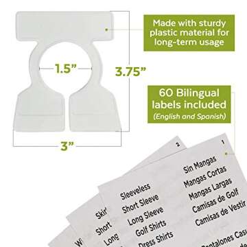 Simple Division Garment Organizers - Sort, Put Away, and Find Clothes Easily - 12 White Closet Organizers - Includes 60 Bilingual Sorting Labels