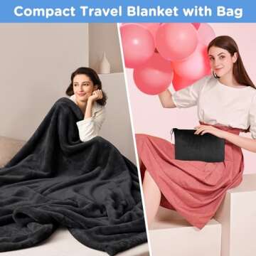 ATsense Travel Blanket Pillow, Premium 2 in 1 Soft Airplane Blanket Compact with Bag Pillowcase, Hand Luggage Sleeve and Backpack Clip - Travel Essentials for Long Trips, Flying and Car, Black