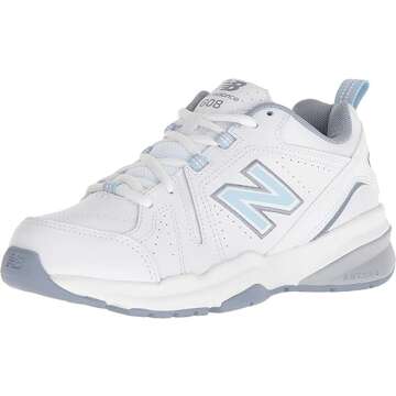 New Balance Women's 608 V5 Casual Comfort Cross Trainer, White/Light Blue, 7 Wide