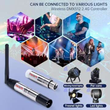 FENIXFIT Wireless DMX512 Transmitter Receiver No Latency DJ 2.4G DMX Wireless 1 Transmitter & 7 Receivers Long Transmission Range DMX Light Controller for LED Stage Disco Party Church Bar Lighting