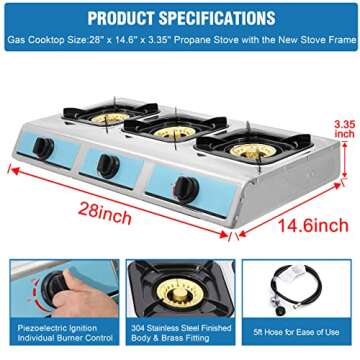 Propane Gas Stove,3 Burner Gas StovePortable Gas Stove Auto Ignition Camping Stainless Steel Stove 3 Burner LPG for RV, Apartment,Outdoor