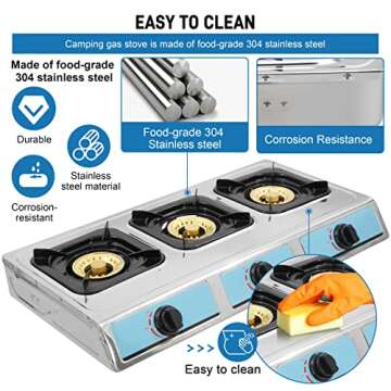 Propane Gas Stove,3 Burner Gas StovePortable Gas Stove Auto Ignition Camping Stainless Steel Stove 3 Burner LPG for RV, Apartment,Outdoor