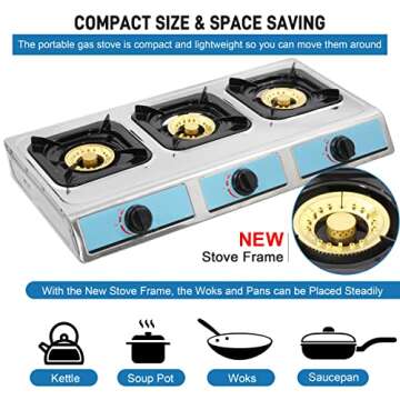 Propane Gas Stove,3 Burner Gas StovePortable Gas Stove Auto Ignition Camping Stainless Steel Stove 3 Burner LPG for RV, Apartment,Outdoor