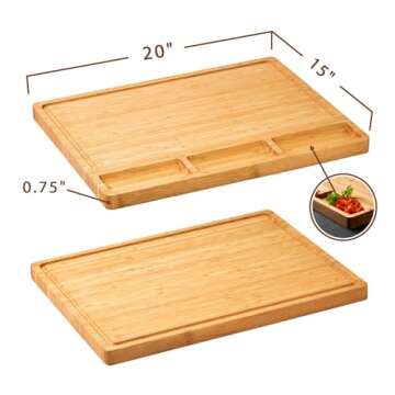 Cutting Board for Kitchen, 20x15" Extra Large Wood Serving Tray for Cheese Charcuterie Turkey, with 3 Built-In Dividers, Juice Grooves, Side Handles