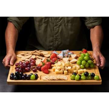 Cutting Board for Kitchen, 20x15" Extra Large Wood Serving Tray for Cheese Charcuterie Turkey, with 3 Built-In Dividers, Juice Grooves, Side Handles