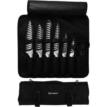 Chef Knife Set with Bag, 8 Pieces German Steel Chef Knives with Portable Knife Roll Storage Bag, Blade Guards, Kitchen Shears for Outdoor Camping Travel