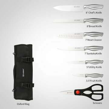 Chef Knife Set with Bag, 8 Pieces German Steel Chef Knives with Portable Knife Roll Storage Bag, Blade Guards, Kitchen Shears for Outdoor Camping Travel