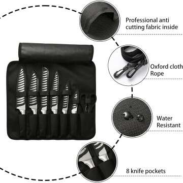 Chef Knife Set with Bag, 8 Pieces German Steel Chef Knives with Portable Knife Roll Storage Bag, Blade Guards, Kitchen Shears for Outdoor Camping Travel