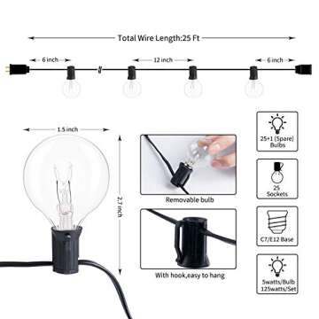 Brightown Outdoor String Lights 25FT G40 Globe Patio Lights with 27 Edison Glass Bulbs(2 Spare), Waterproof Connectable Hanging Light for Backyard Porch Balcony Party Decor, E12 Socket Base, Black