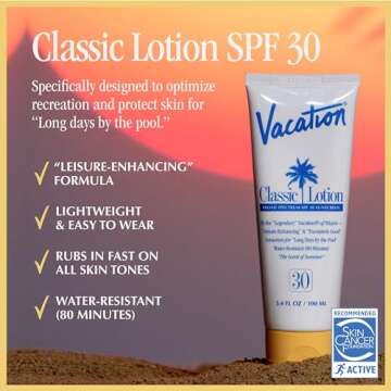 Vacation Classic Sunscreen Lotion SPF 30 3-Pack, Water Resistant Broad Spectrum Sunscreen Sun Block, Vegan Sun Tanning Lotion, Body Lotion with SPF, Travel Size Sunscreen, 3.4 fl. Oz. (Pack of 3)