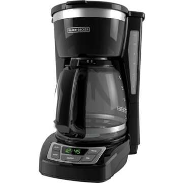 BLACK+DECKER 12-Cup Digital Coffee Maker, CM1160B, Programmable, Washable Basket Filter, Sneak-A-Cup, Auto Brew, Water Window, Keep Hot Plate, Black